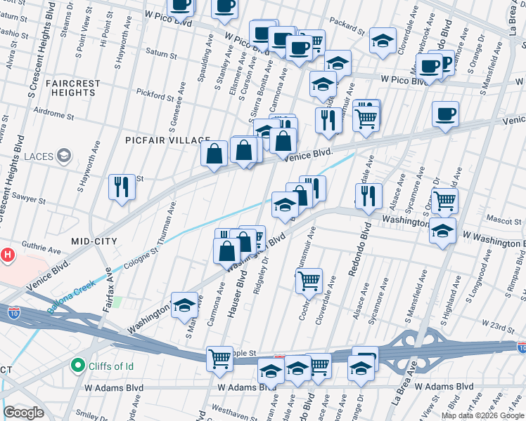map of restaurants, bars, coffee shops, grocery stores, and more near 1812 1/2 Hauser Boulevard in Los Angeles