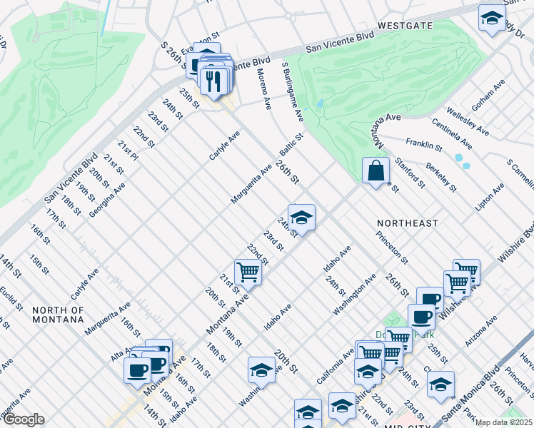 map of restaurants, bars, coffee shops, grocery stores, and more near 622 24th Street in Santa Monica