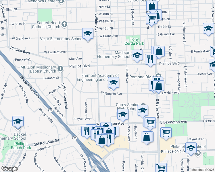 map of restaurants, bars, coffee shops, grocery stores, and more near in Pomona