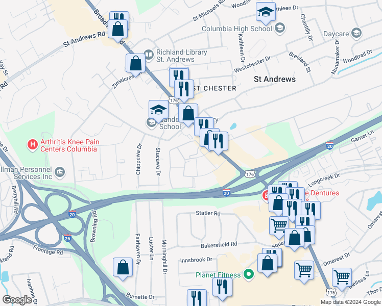 map of restaurants, bars, coffee shops, grocery stores, and more near 222 Old Manor Road in Columbia