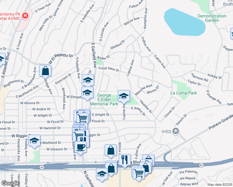 map of restaurants, bars, coffee shops, grocery stores, and more near 248 Aldergate Street in Monterey Park