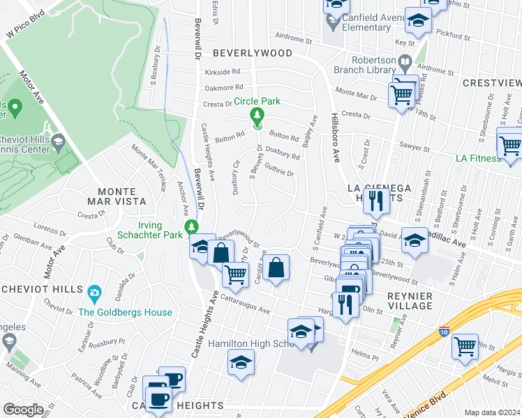 map of restaurants, bars, coffee shops, grocery stores, and more near 2400 South Beverly Drive in Los Angeles