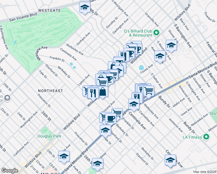 map of restaurants, bars, coffee shops, grocery stores, and more near 12424 Wilshire Boulevard in Los Angeles