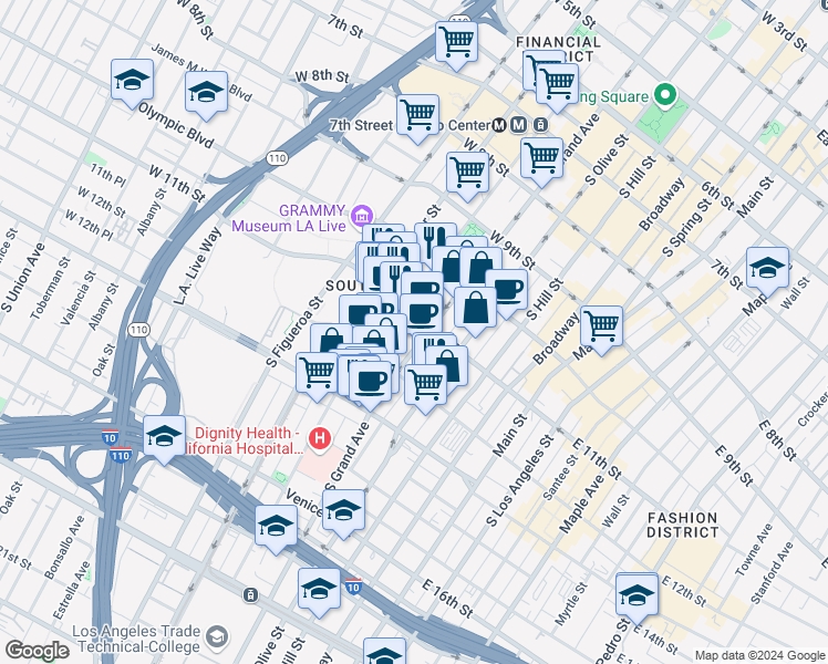map of restaurants, bars, coffee shops, grocery stores, and more near 1111 South Grand Avenue in Los Angeles