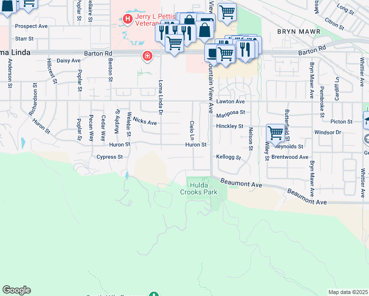 map of restaurants, bars, coffee shops, grocery stores, and more near 25595 Huron Street in Loma Linda