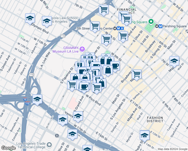 map of restaurants, bars, coffee shops, grocery stores, and more near 1155 South Grand Avenue in Los Angeles