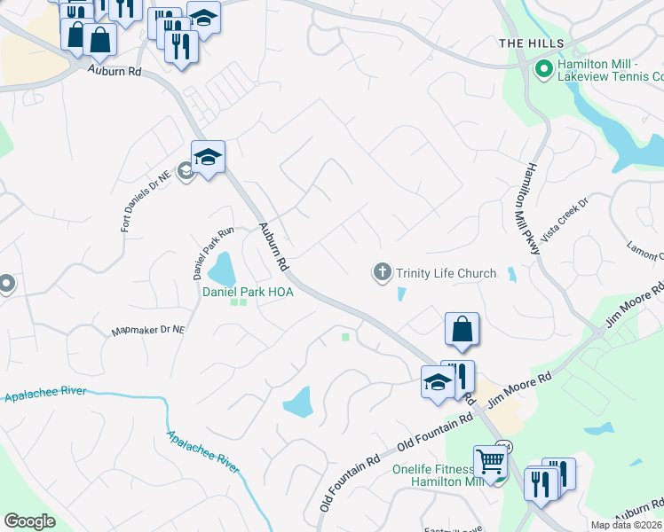 map of restaurants, bars, coffee shops, grocery stores, and more near 1570 Grants Mill Run Northeast in Dacula