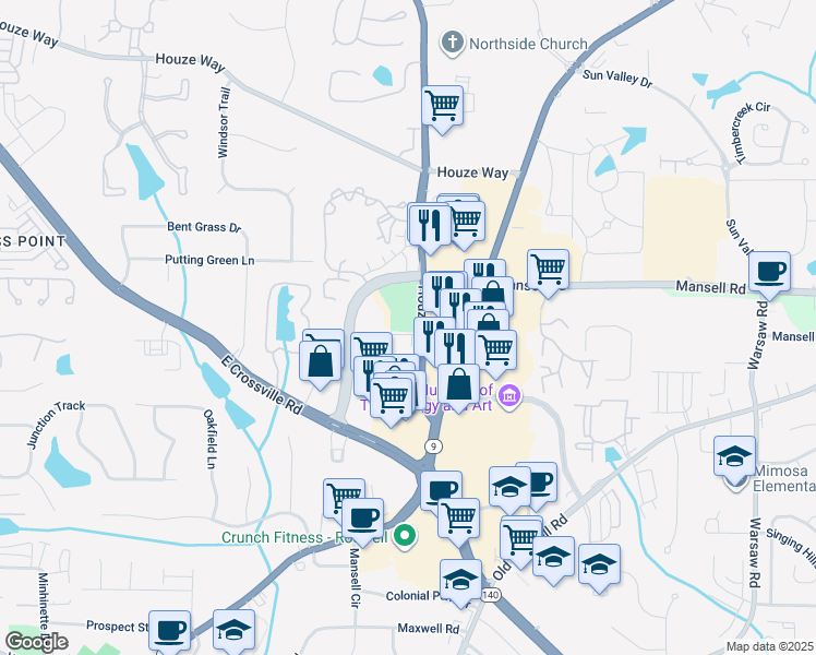 map of restaurants, bars, coffee shops, grocery stores, and more near 605 Mansell Road in Roswell