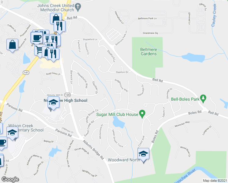 map of restaurants, bars, coffee shops, grocery stores, and more near 225 York Town Circle in Duluth