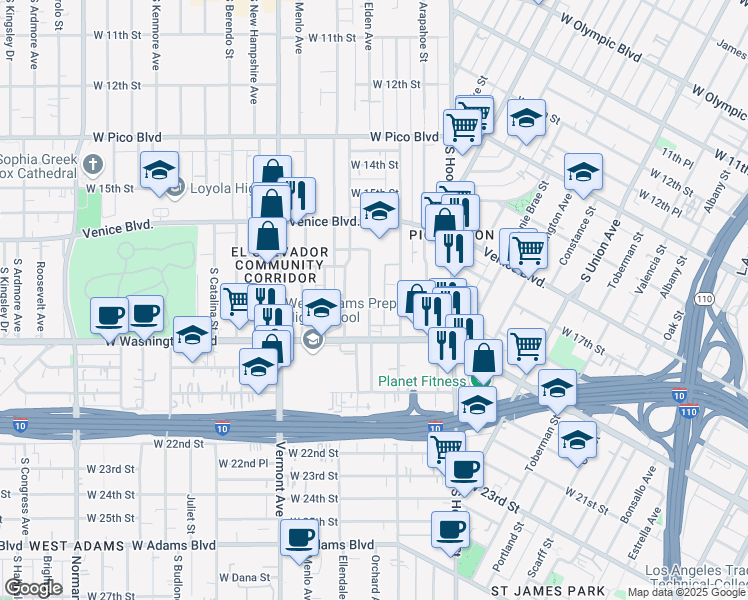 map of restaurants, bars, coffee shops, grocery stores, and more near 1807 Magnolia Avenue in Los Angeles