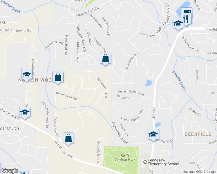 map of restaurants, bars, coffee shops, grocery stores, and more near 3156 Elmendorf Drive Northwest in Kennesaw