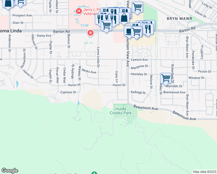map of restaurants, bars, coffee shops, grocery stores, and more near 25567 Huron Street in Loma Linda