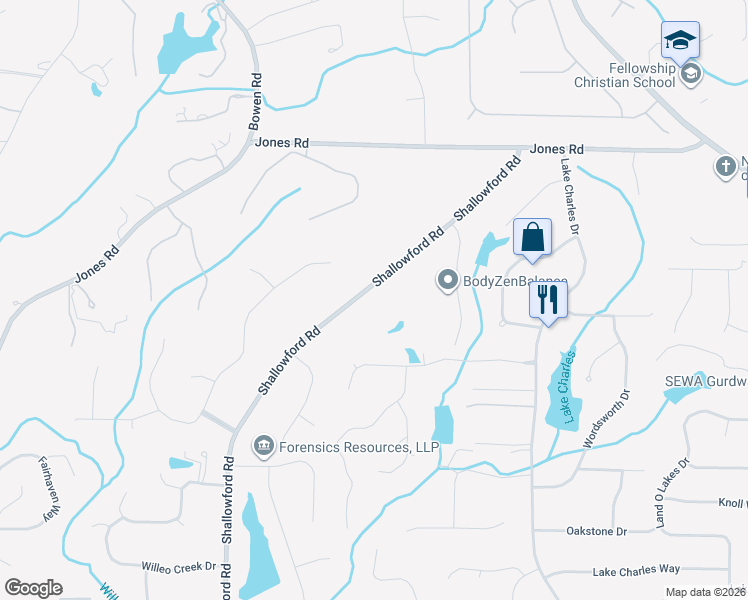 map of restaurants, bars, coffee shops, grocery stores, and more near 10775 Shallowford Road in Roswell