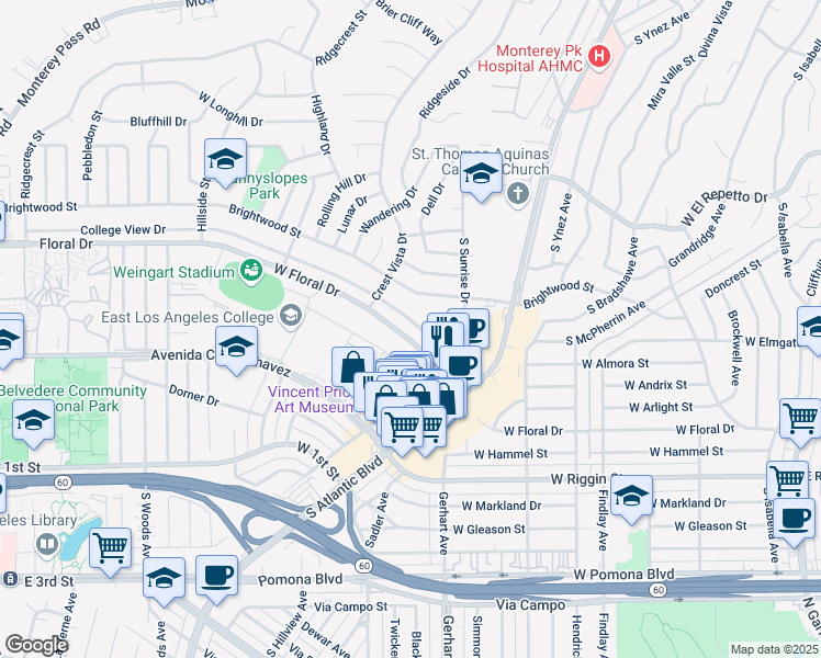 map of restaurants, bars, coffee shops, grocery stores, and more near 1100 College View Drive in Monterey Park