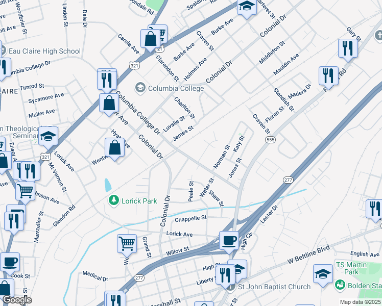 map of restaurants, bars, coffee shops, grocery stores, and more near 1630 Columbia College Drive in Columbia