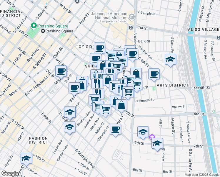 map of restaurants, bars, coffee shops, grocery stores, and more near 555 Gladys Avenue in Los Angeles