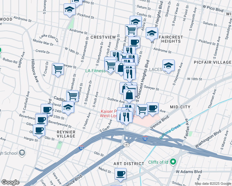map of restaurants, bars, coffee shops, grocery stores, and more near South Garth Avenue in Los Angeles