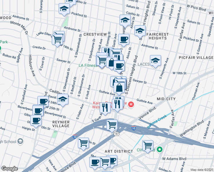 map of restaurants, bars, coffee shops, grocery stores, and more near 1954 South Garth Avenue in Los Angeles