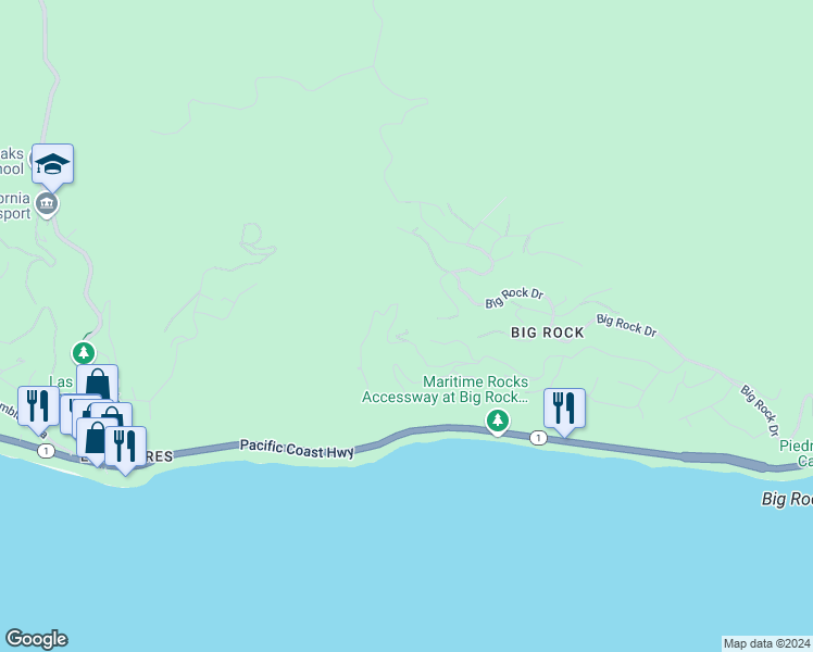 map of restaurants, bars, coffee shops, grocery stores, and more near 20755 Seaboard Road in Malibu