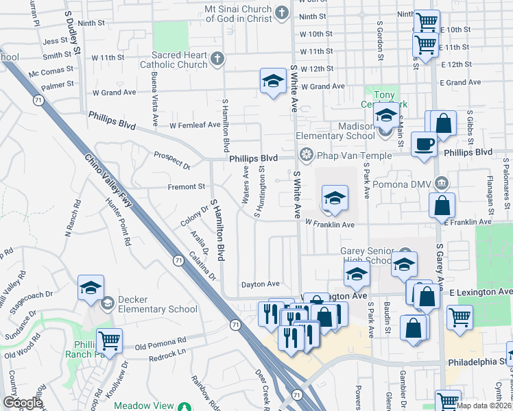 map of restaurants, bars, coffee shops, grocery stores, and more near 1686 South Huntington Street in Pomona