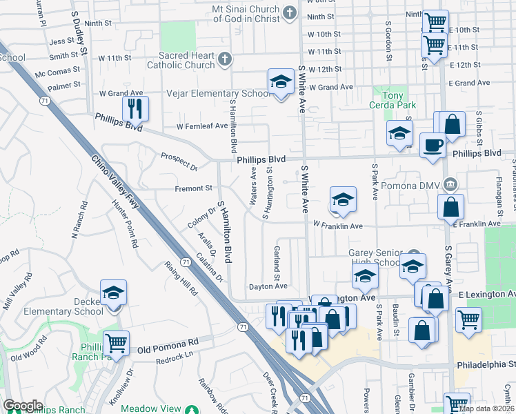 map of restaurants, bars, coffee shops, grocery stores, and more near 1684 Waters Avenue in Pomona