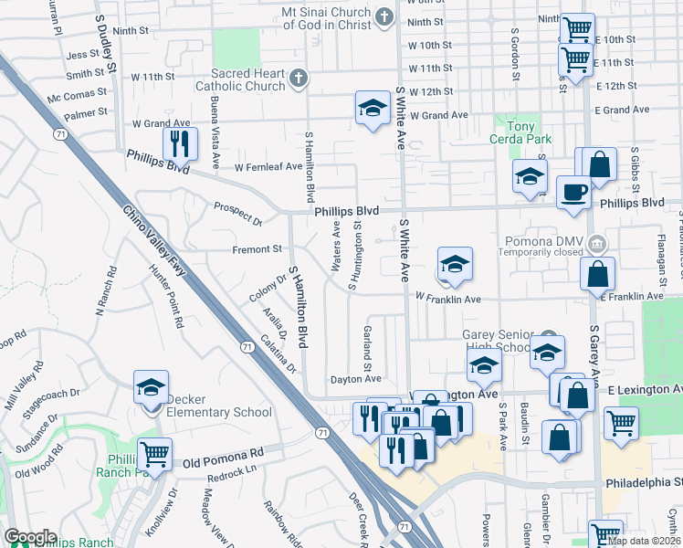 map of restaurants, bars, coffee shops, grocery stores, and more near 1684 Waters Avenue in Pomona