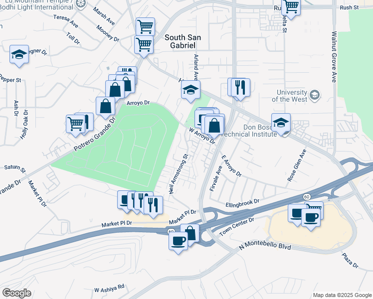 map of restaurants, bars, coffee shops, grocery stores, and more near 1721 Neil Armstrong Street in Montebello