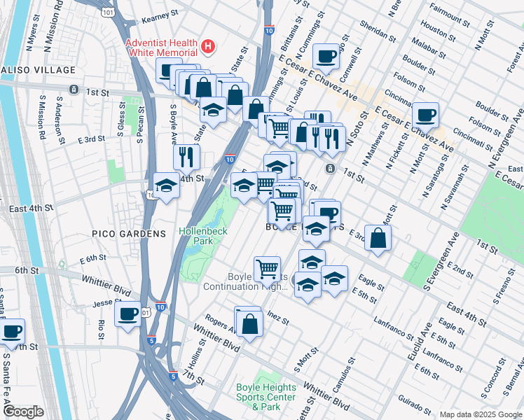 map of restaurants, bars, coffee shops, grocery stores, and more near 431 South Chicago Street in Los Angeles