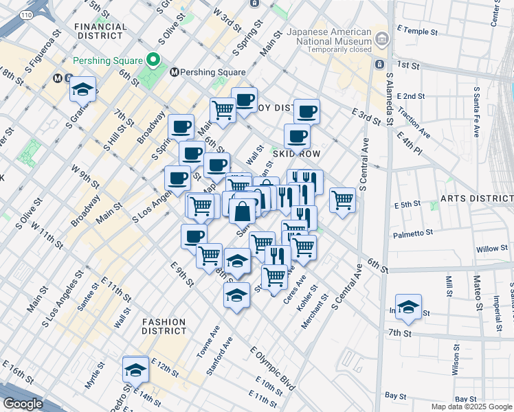 map of restaurants, bars, coffee shops, grocery stores, and more near 672 San Pedro Street in Los Angeles