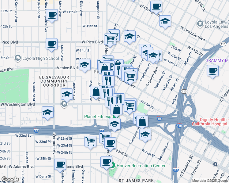 map of restaurants, bars, coffee shops, grocery stores, and more near 1800 South Bonnie Brae Street in Los Angeles