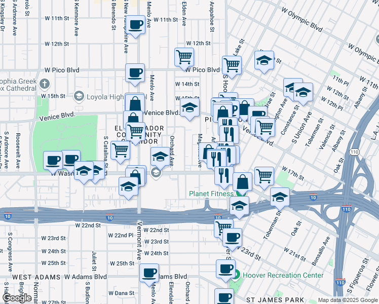 map of restaurants, bars, coffee shops, grocery stores, and more near 1807 Magnolia Avenue in Los Angeles