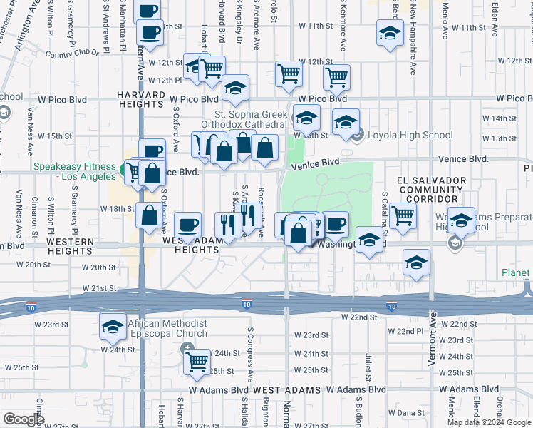 map of restaurants, bars, coffee shops, grocery stores, and more near 1809 Roosevelt Avenue in Los Angeles
