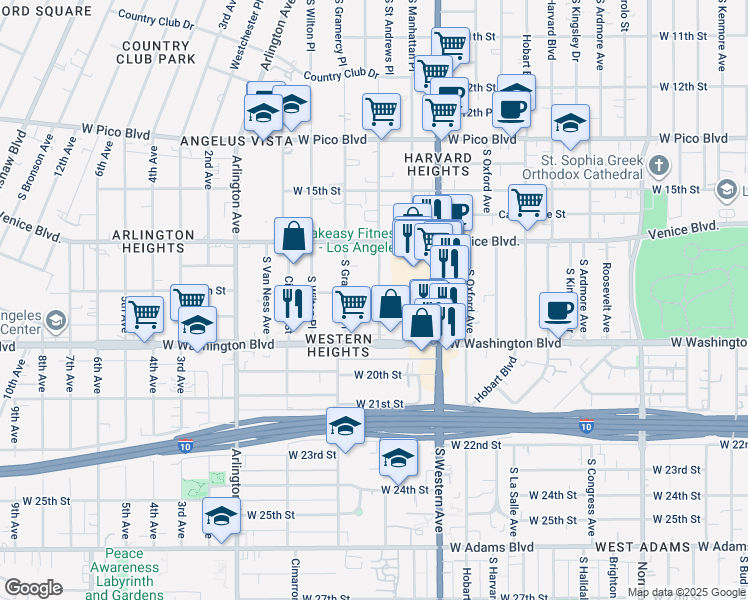 map of restaurants, bars, coffee shops, grocery stores, and more near 1824 South Gramercy Place in Los Angeles