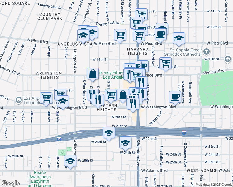 map of restaurants, bars, coffee shops, grocery stores, and more near 1809 South Saint Andrews Place in Los Angeles