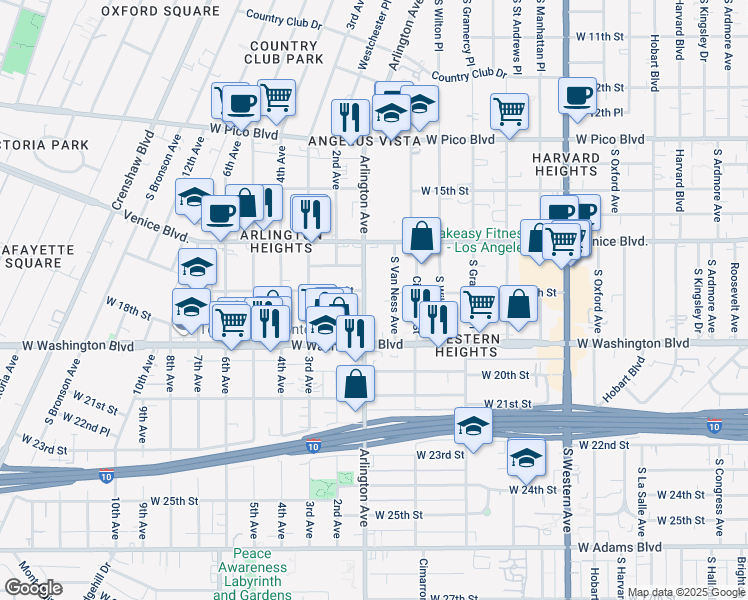 map of restaurants, bars, coffee shops, grocery stores, and more near 1819 South Van Ness Avenue in Los Angeles
