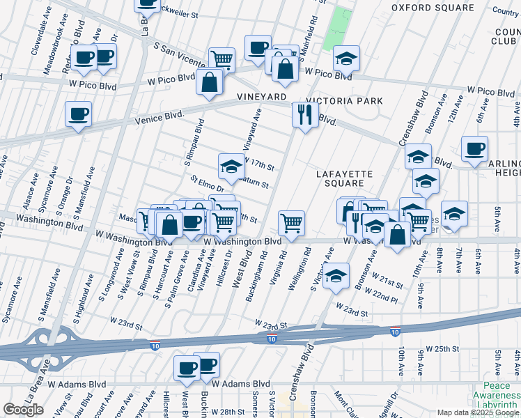 map of restaurants, bars, coffee shops, grocery stores, and more near 1750 West Boulevard in Los Angeles