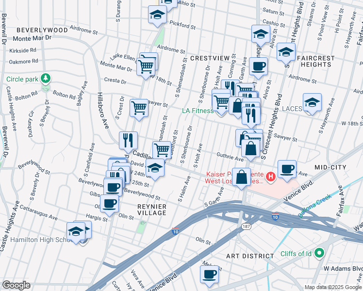 map of restaurants, bars, coffee shops, grocery stores, and more near 2015 South Sherbourne Drive in Los Angeles