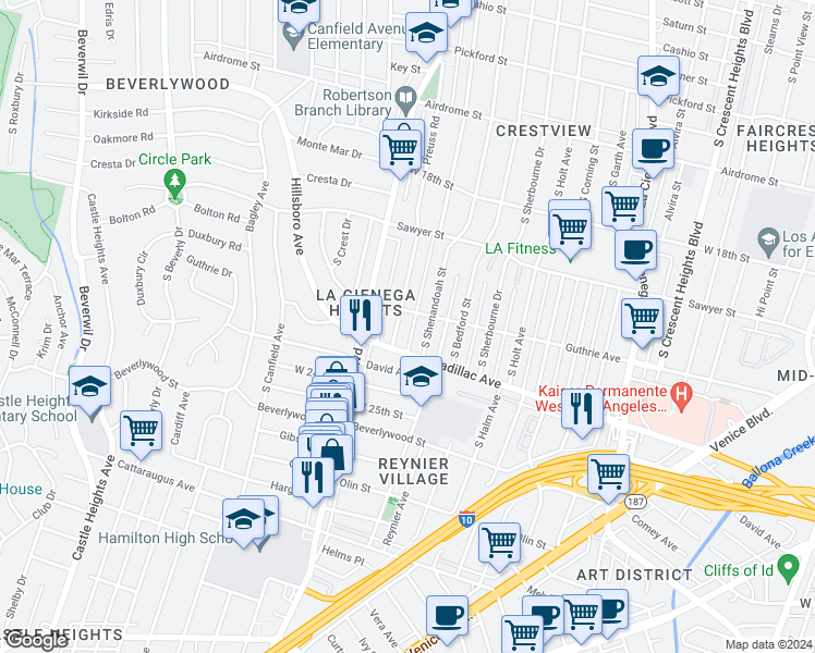map of restaurants, bars, coffee shops, grocery stores, and more near 8939 Cadillac Avenue in Los Angeles