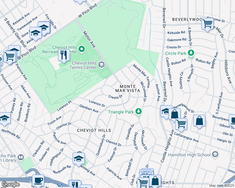 map of restaurants, bars, coffee shops, grocery stores, and more near 10262 Cresta Drive in Los Angeles