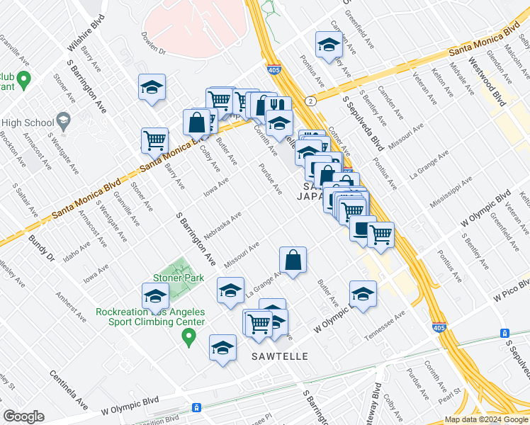 map of restaurants, bars, coffee shops, grocery stores, and more near 1830 Colby Avenue in Los Angeles