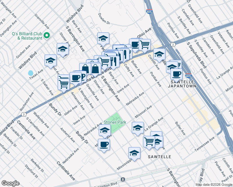 map of restaurants, bars, coffee shops, grocery stores, and more near 1718 South Barrington Avenue in Los Angeles