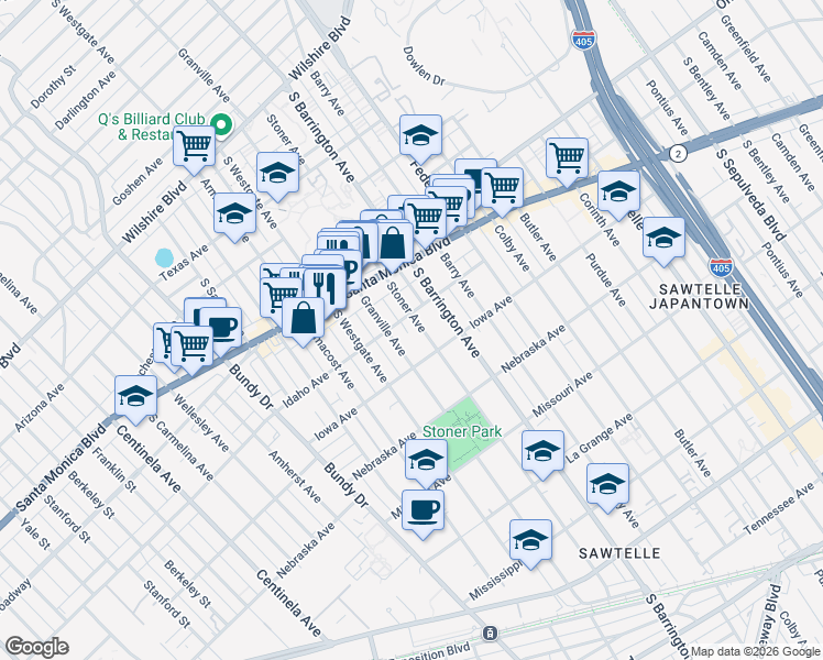 map of restaurants, bars, coffee shops, grocery stores, and more near 1625 Granville Avenue in Los Angeles