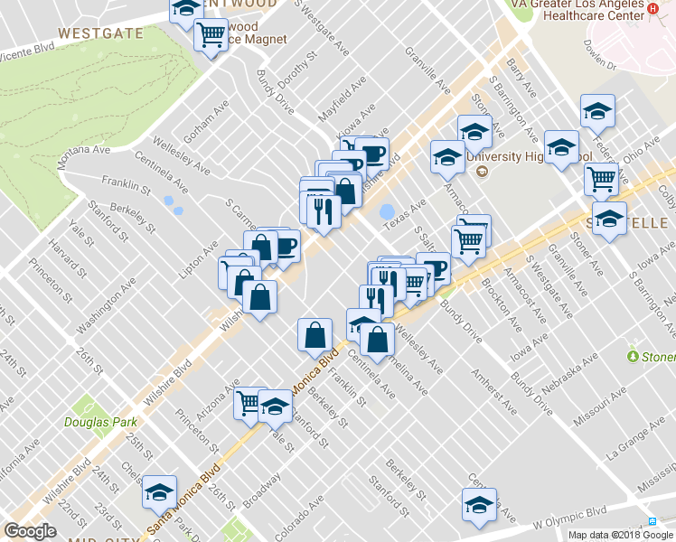 map of restaurants, bars, coffee shops, grocery stores, and more near 12323 Texas Avenue in Los Angeles