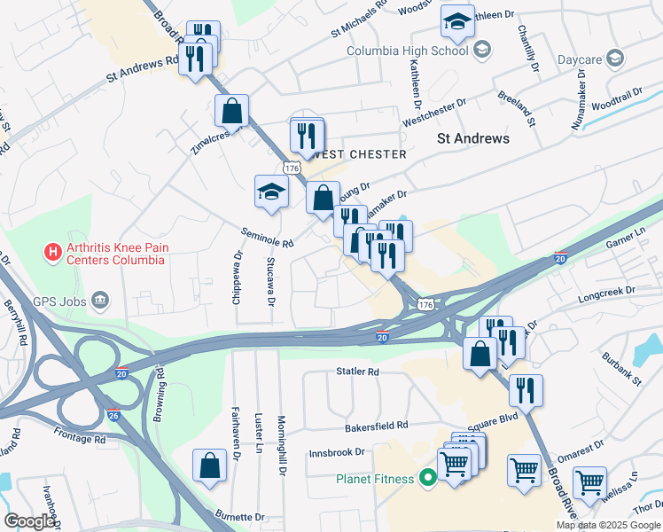 map of restaurants, bars, coffee shops, grocery stores, and more near 222 Old Manor Road in Columbia