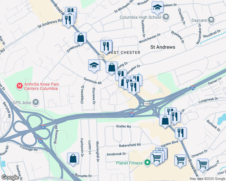 map of restaurants, bars, coffee shops, grocery stores, and more near 222 Old Manor Road in Columbia