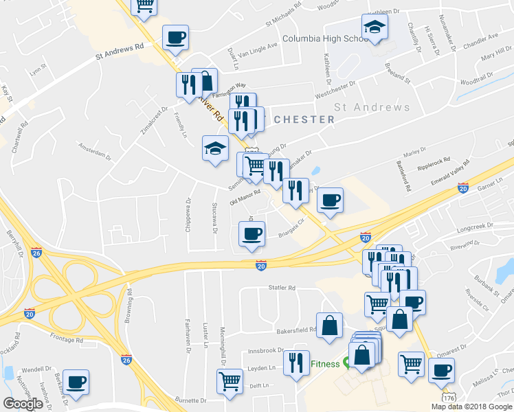 map of restaurants, bars, coffee shops, grocery stores, and more near 222 Old Manor Road in Columbia