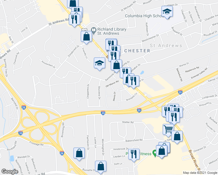 map of restaurants, bars, coffee shops, grocery stores, and more near 923 Old Manor Road in Columbia