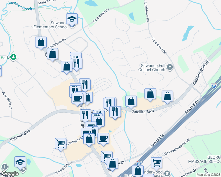 map of restaurants, bars, coffee shops, grocery stores, and more near 159 Privet Circle in Suwanee