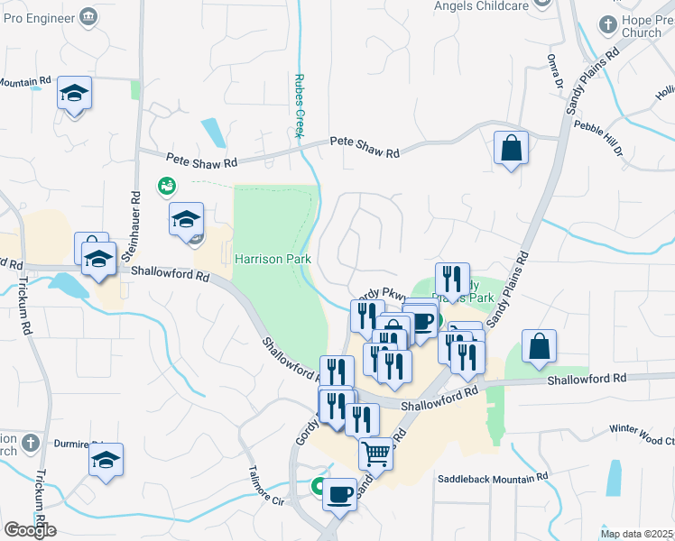 map of restaurants, bars, coffee shops, grocery stores, and more near 3921 Upland Way in Marietta