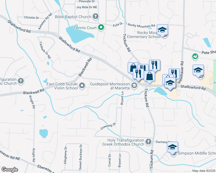 map of restaurants, bars, coffee shops, grocery stores, and more near 2180 Wenlok Trail in Marietta